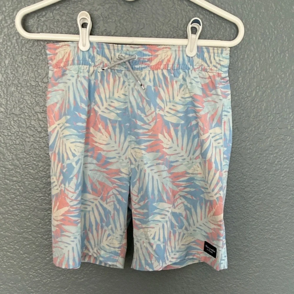 Abercrombie & Fitch Kids Palm Print Swim Trunks in Light Blue, Pink, Cream